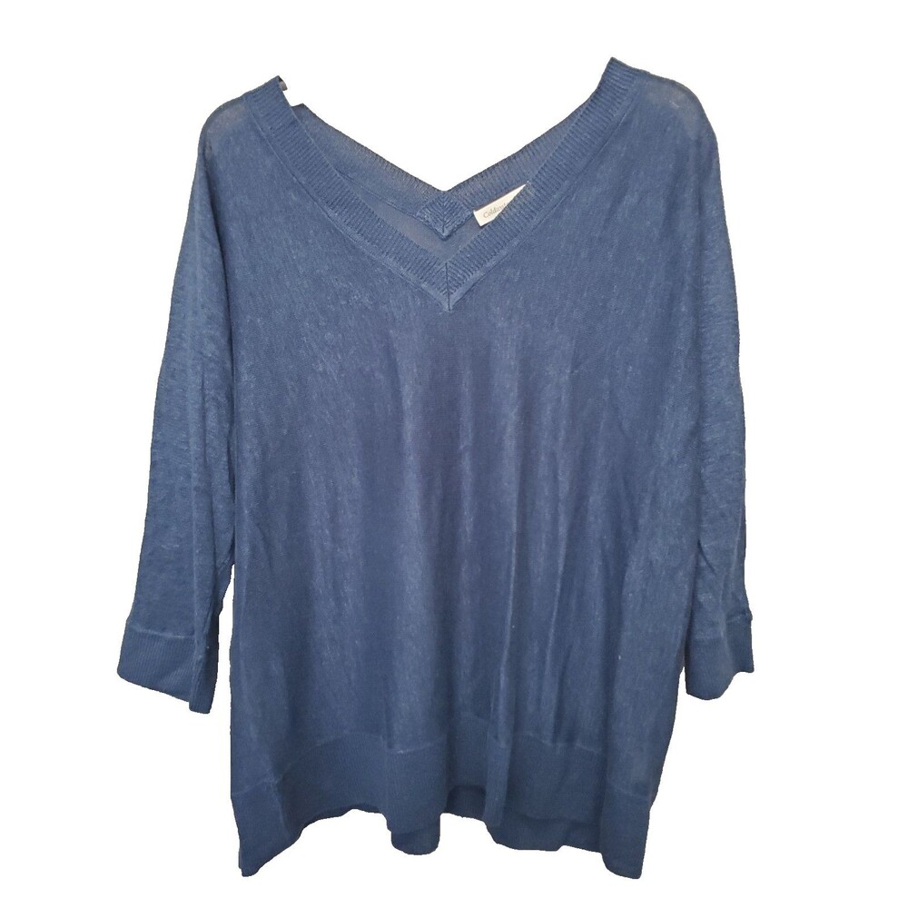 Coldwater Creek Blue Linen Blend V-Neck 3/4 Sleeve Sweater Size Large NWT